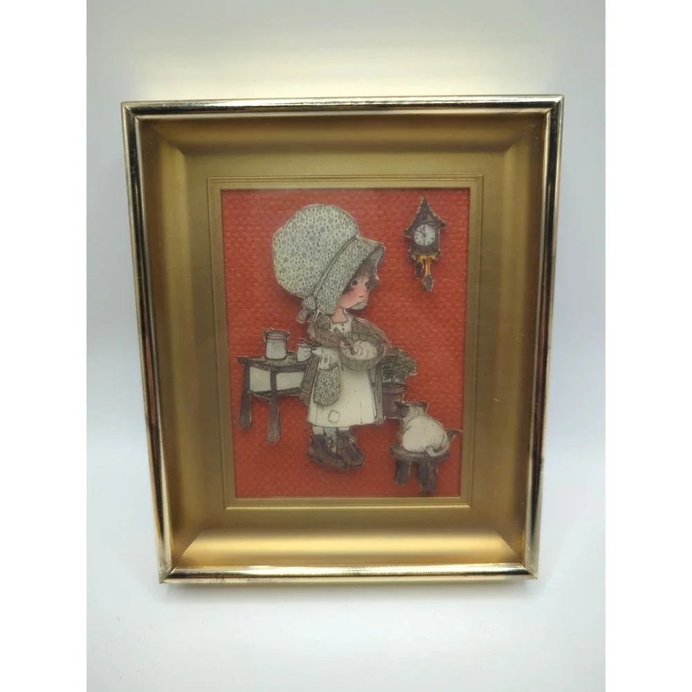 Vintage 70s Holly Hobbie Shadow Box 3D Layered Paper Art Gold Frame Glass 5.75in